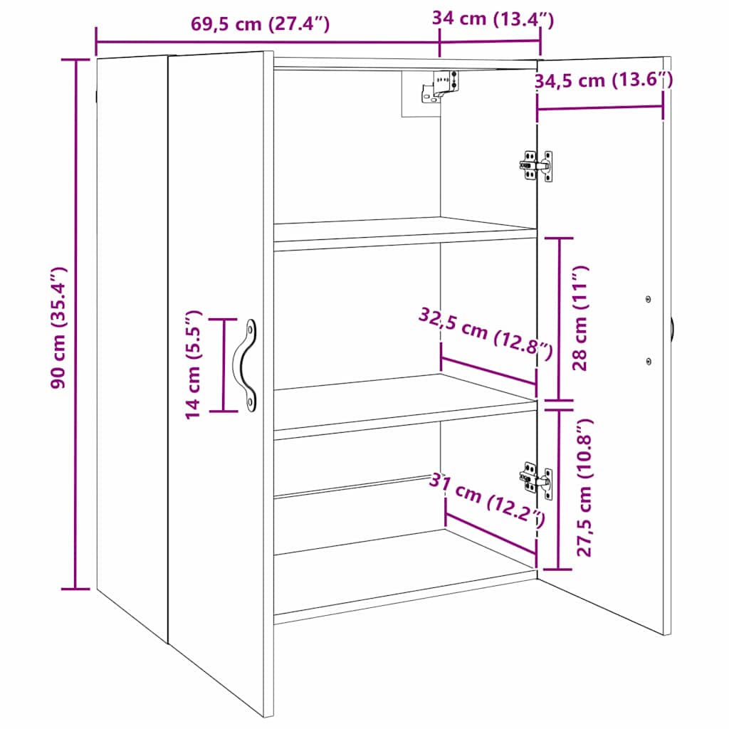 Veggskap Veggmontert Brun 69.5 x 34 x 90 cm Konstruert tre