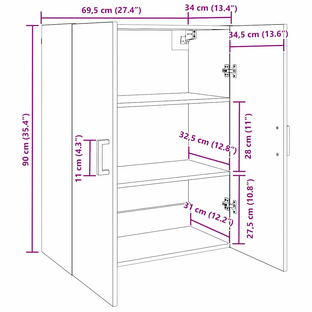 Veggskap Veggmontert Svart 69.5 x 34 x 90 cm Konstruert tre