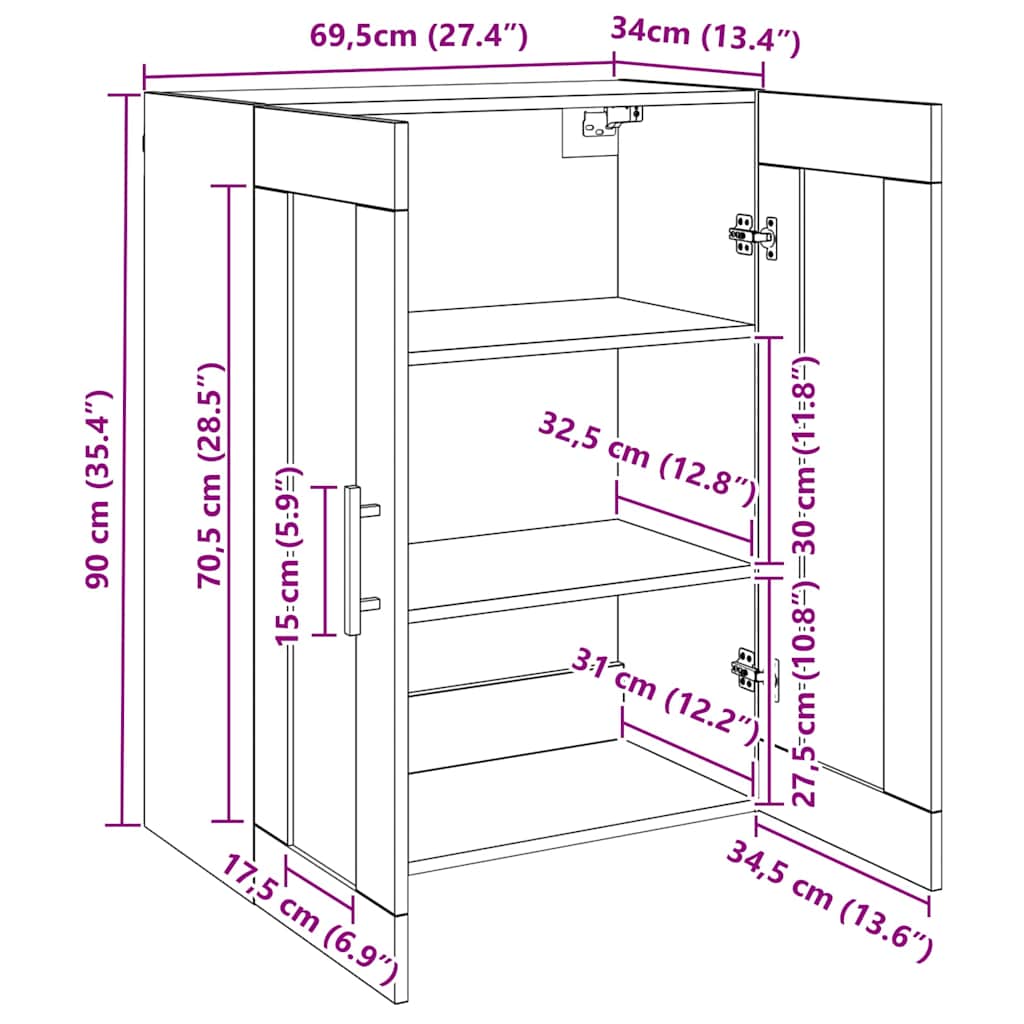 Veggskap Veggmontert Svart eik 69.5 x 34 x 90 cm Konstruert tre