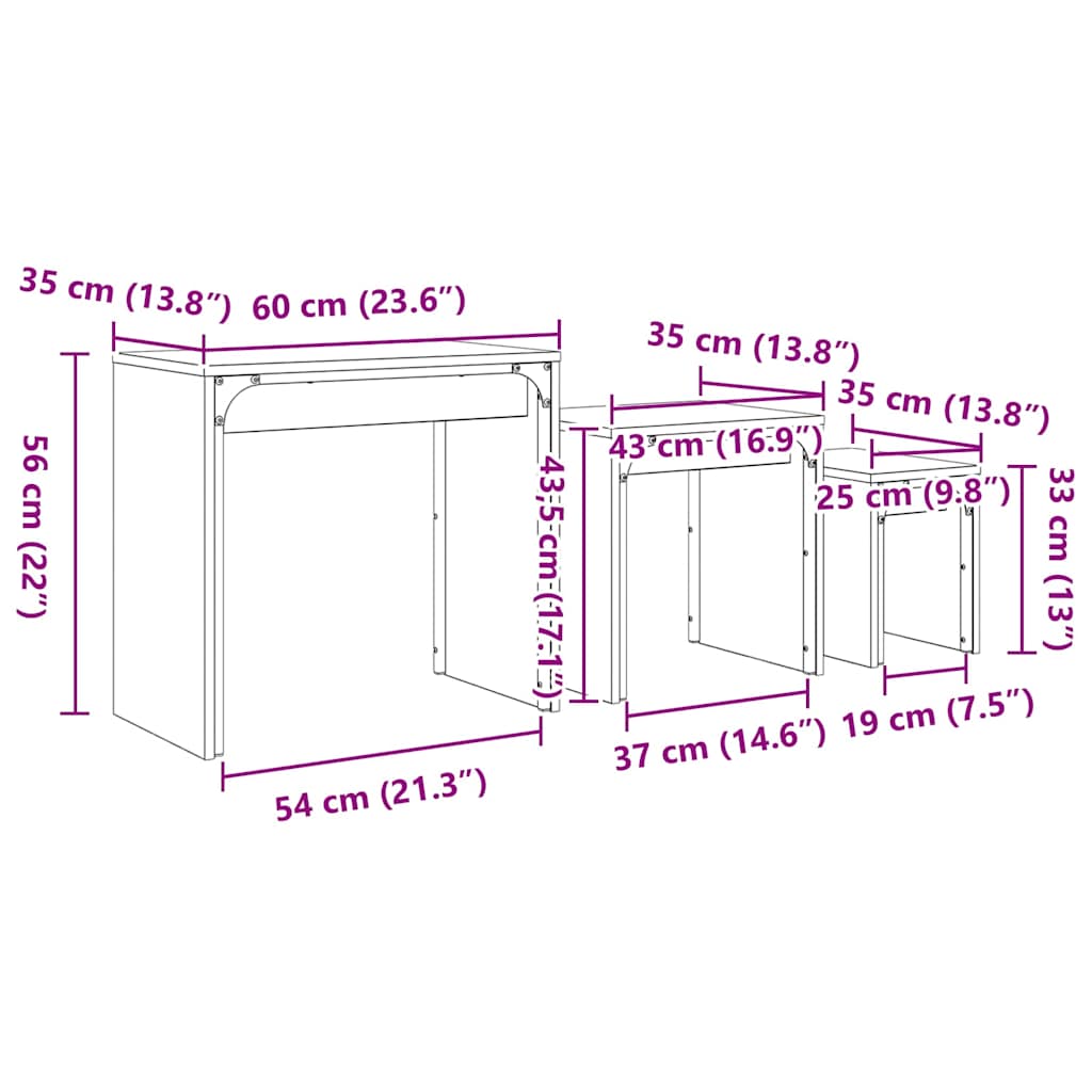 Kaffebord med Nesting 3 pcs Svart eik 60 x 35 x 56 cm