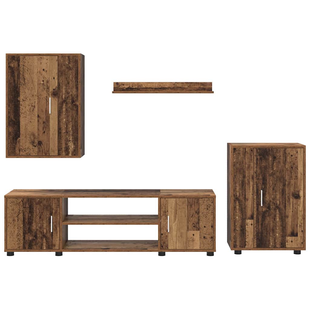4-delt TV-skapsett Veggmontert 4 pcs Gammelt tre Konstruert tre