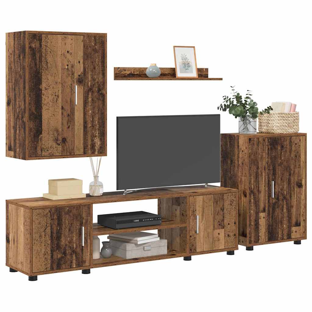 4-delt TV-skapsett Veggmontert 4 pcs Gammelt tre Konstruert tre