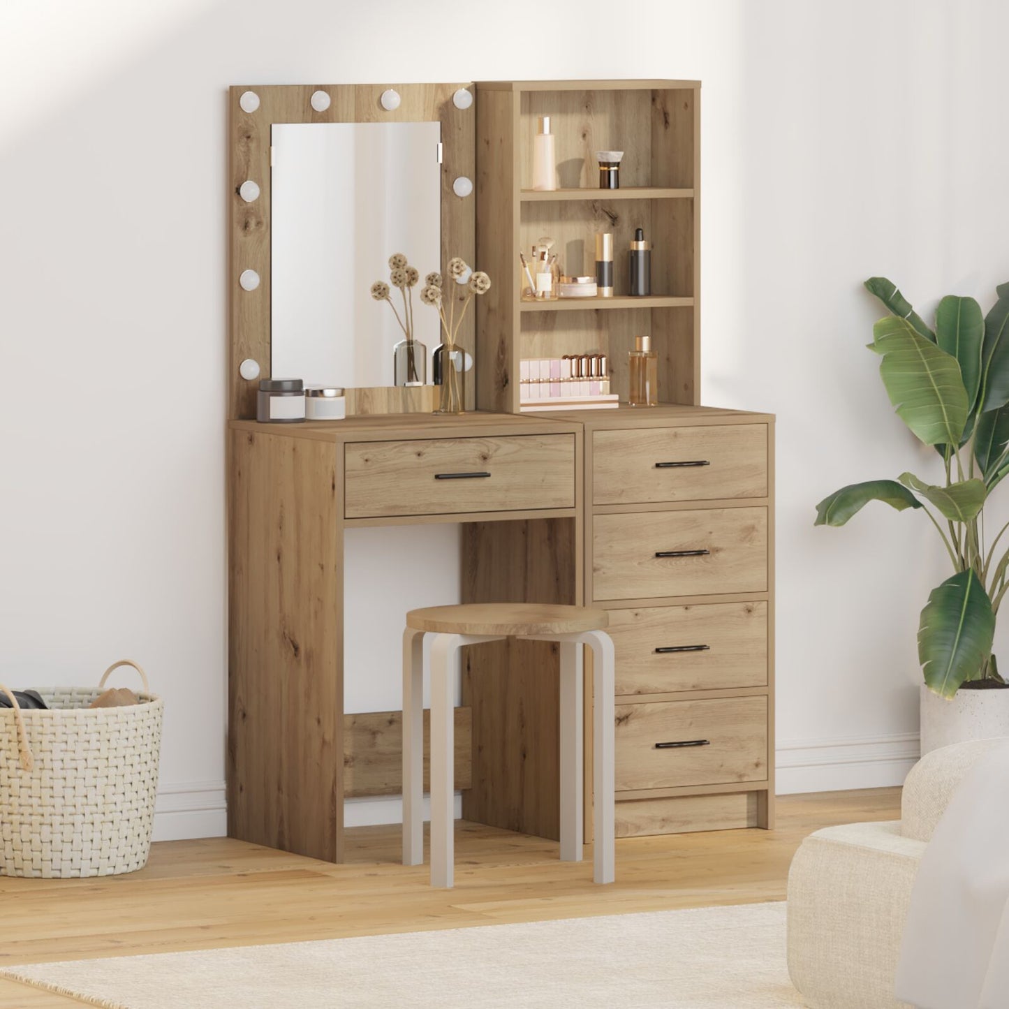 2-delt sminkebordsett med LED Artisan eikefiner
