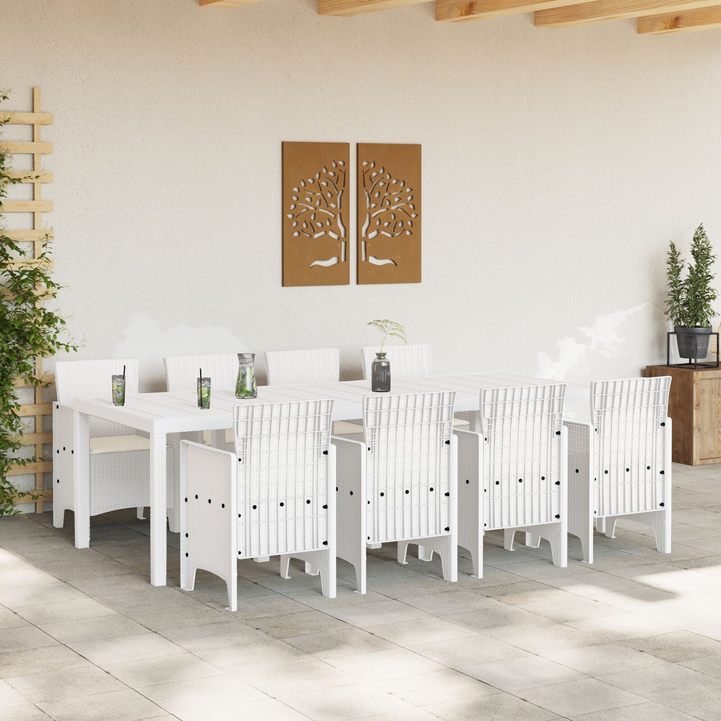 Hage Spisebord Set Sett med 9 Hvit PE Rattan Ergonomisk