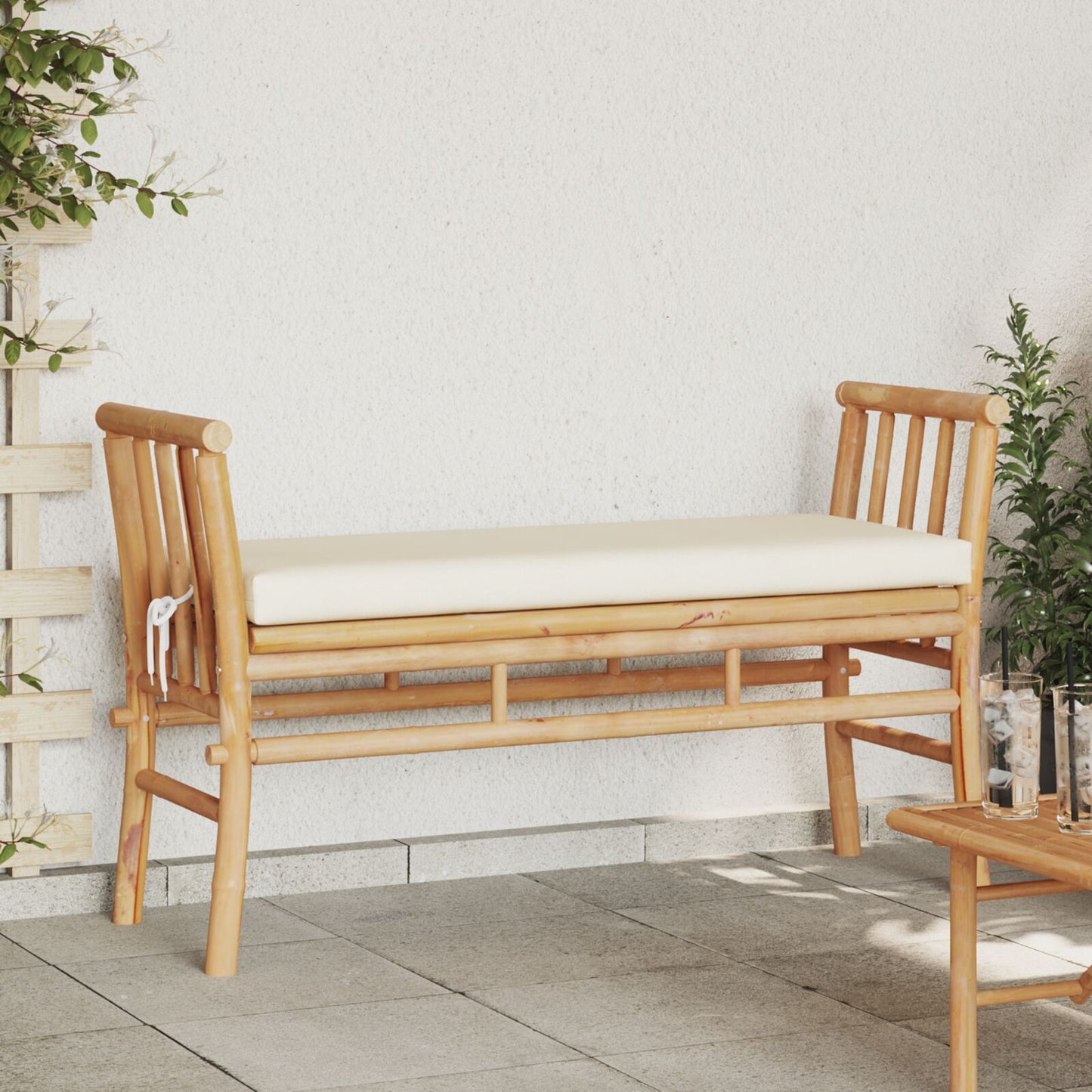 Hagebenk med puter 110 cm i bambus