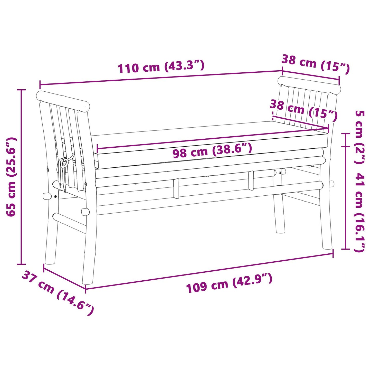 Hagebenk med puter 110 cm i bambus