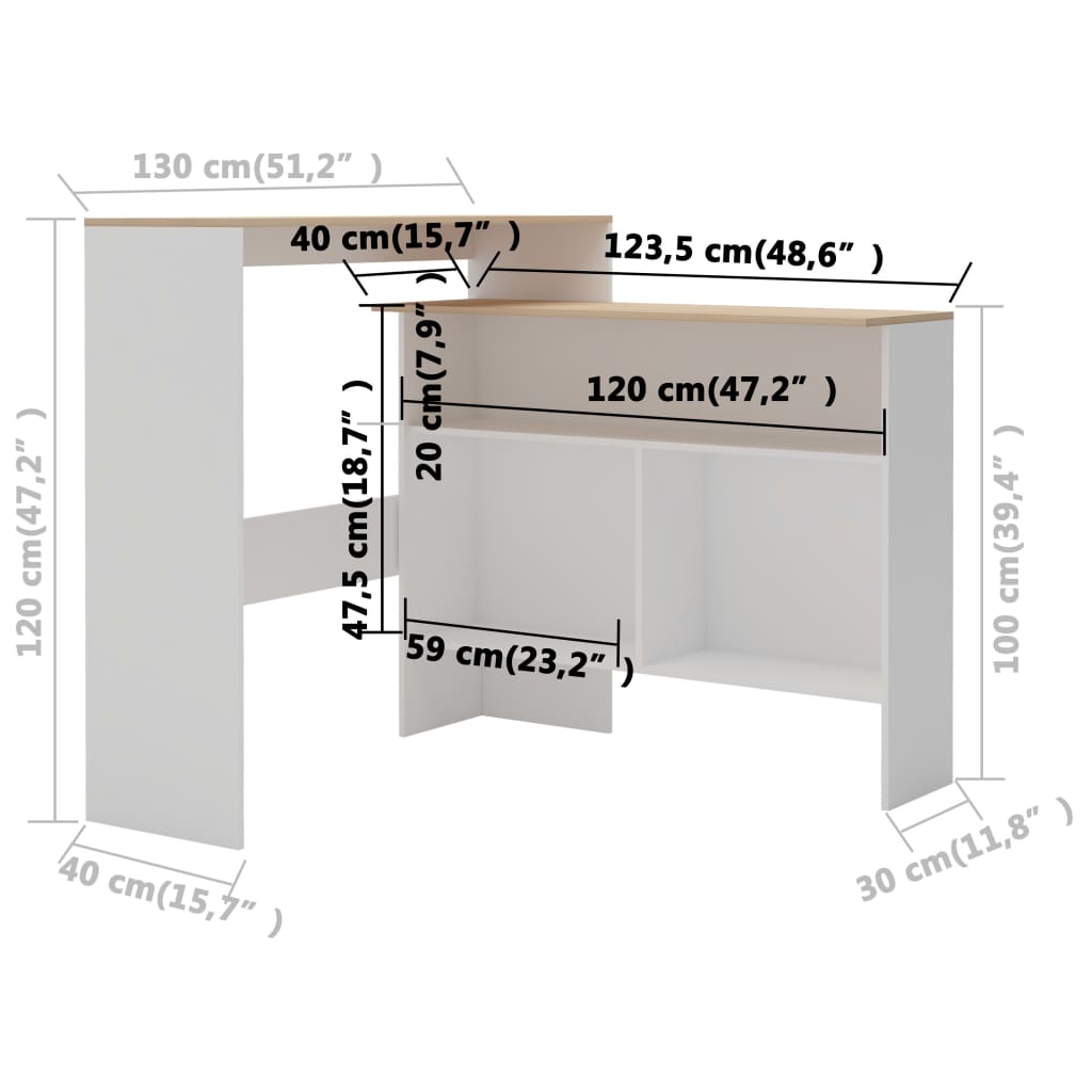 Barbord med 2 bordplater hvit og eik 130x40x120 cm - DMF Handel