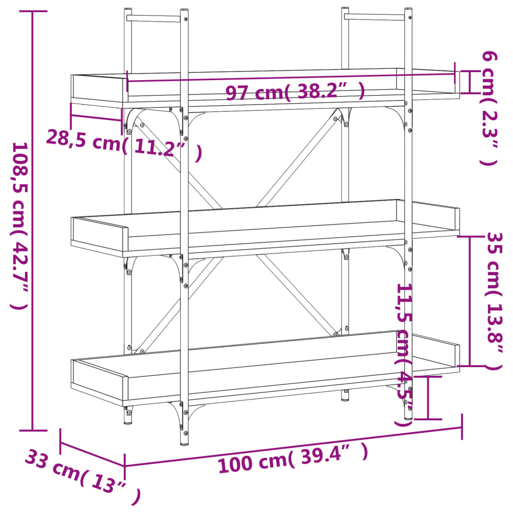 Bokhylle 3 etasjer sonoma eik 100x33x108,5 cm konstruert tre - DMF Handel