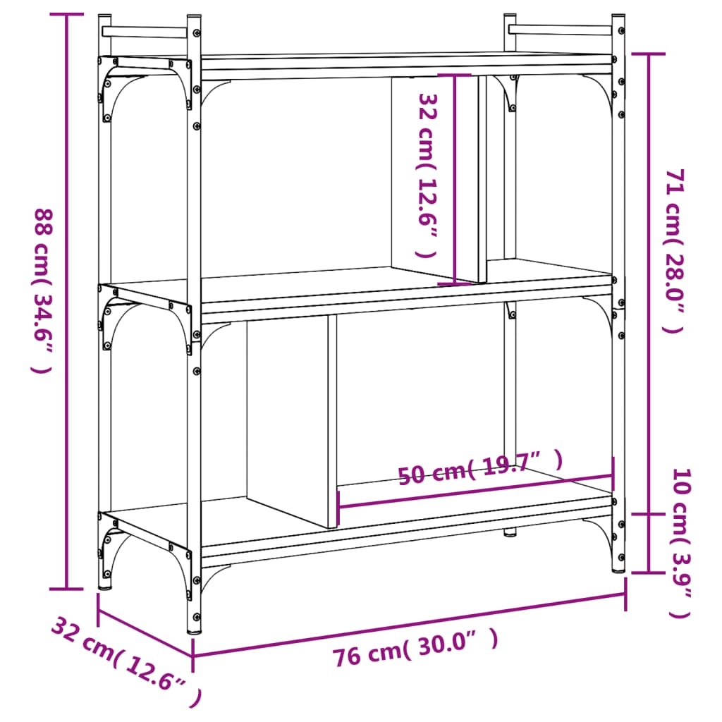 Bokhylle 3 etasjer sonoma eik 76x32x88 cm konstruert tre - DMF Handel