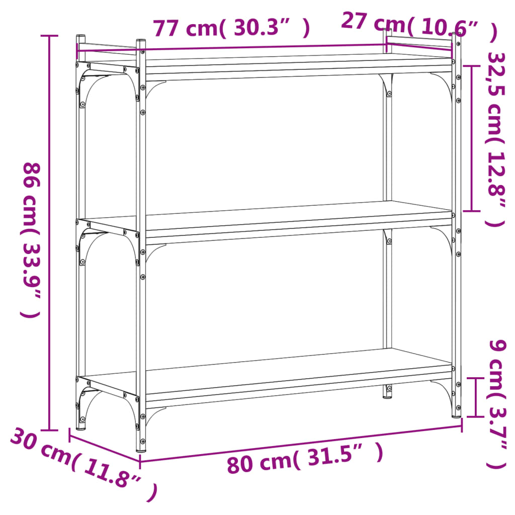 Bokhylle 3 etasjer sonoma eik 80x30x86 cm konstruert tre - DMF Handel