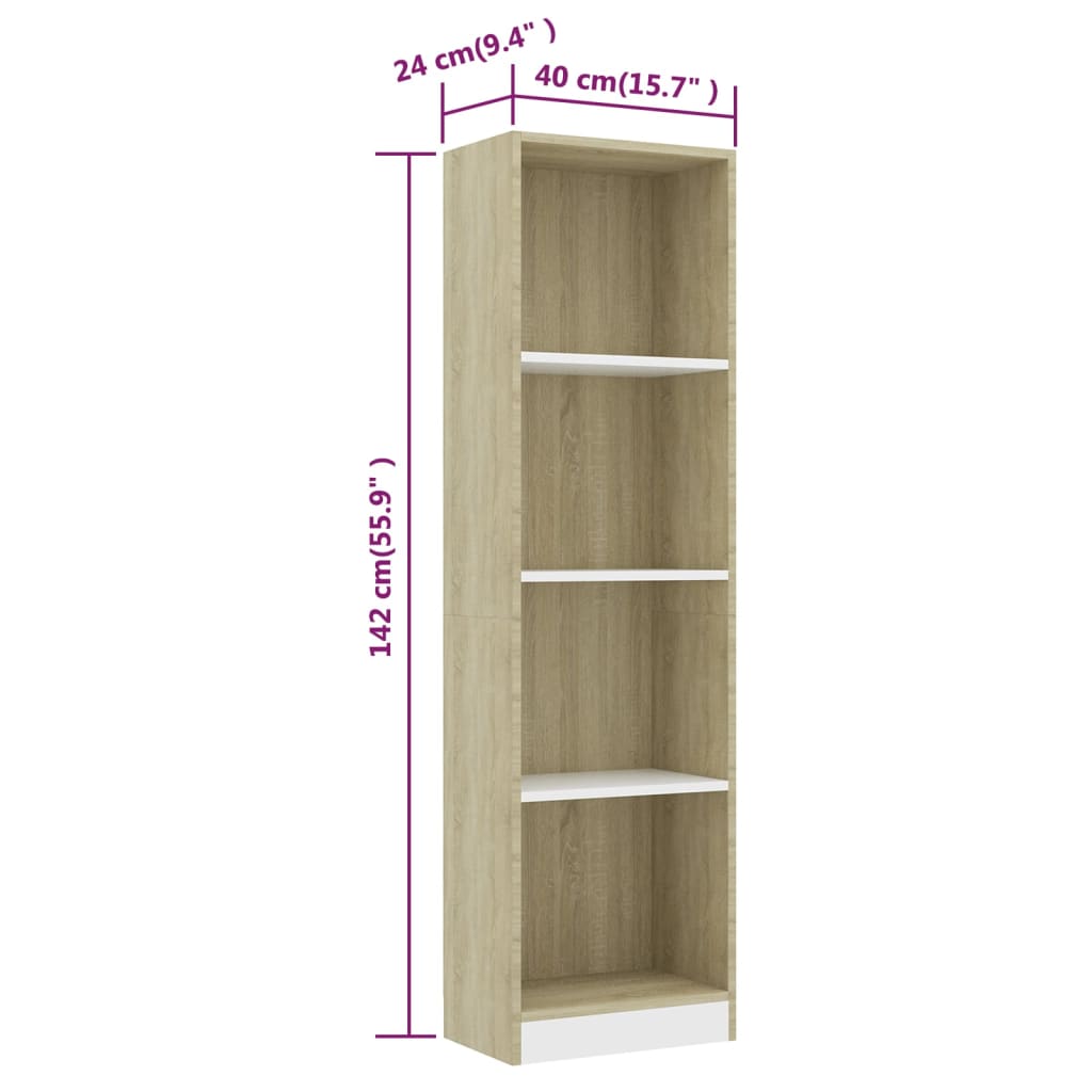 Bokhylle 4 nivå hvit og sonoma eik 40x24x142 cm konstruert tre - DMF Handel
