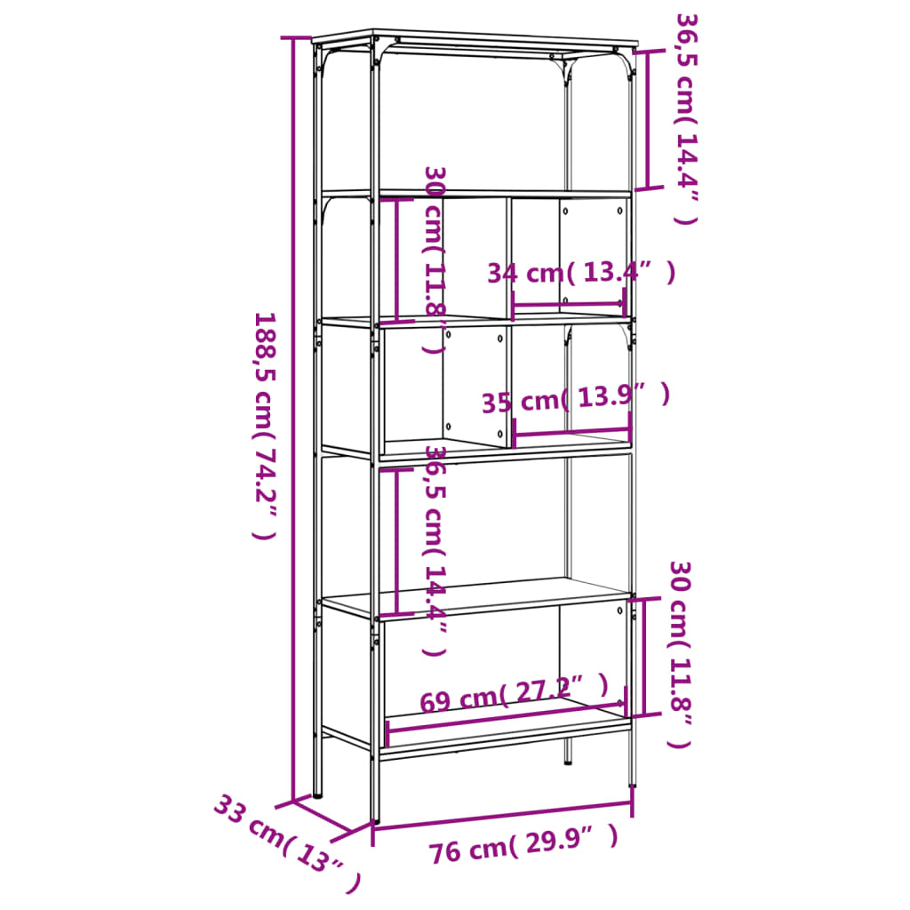 Bokhylle 5 etasjer sonoma eik 76x33x188,5 cm konstruert tre - DMF Handel