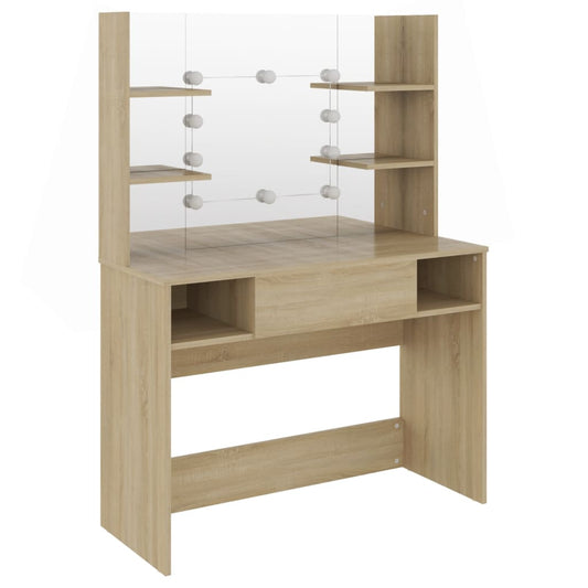 Sminkebord med LED-lys 100x40x135 cm MDF eik