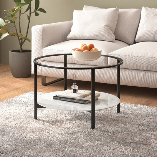 Tebord svart og hvit marmor 70 cm herdet glass