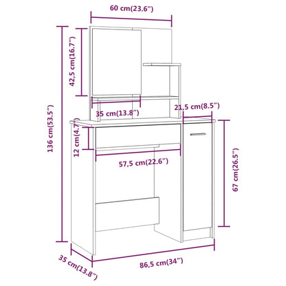 Sminkebord med speil hvit 86,5x35x136 cm