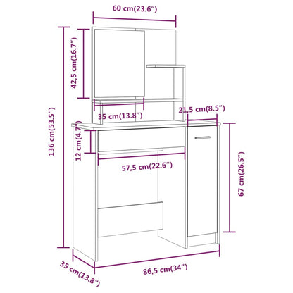 Sminkebordsett brun eik86,5x35x136 cm