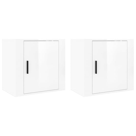 Veggmonterte nattbord 2 stk høyglans hvit 50x30x47 cm