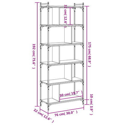 Bokhylle 6 etasjer svart 76x32x192 cm konstruert tre