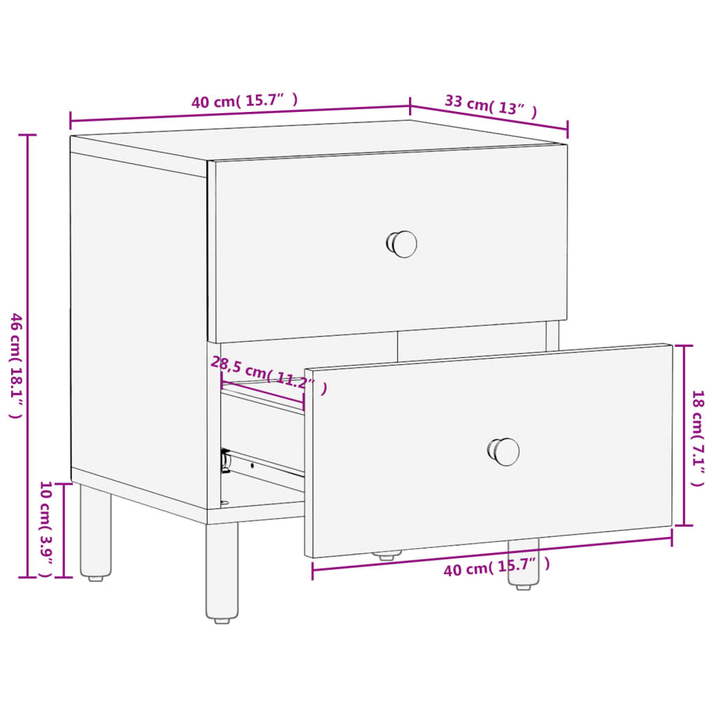Nattbord 2 stk svart 40x33x46 cm heltre mango