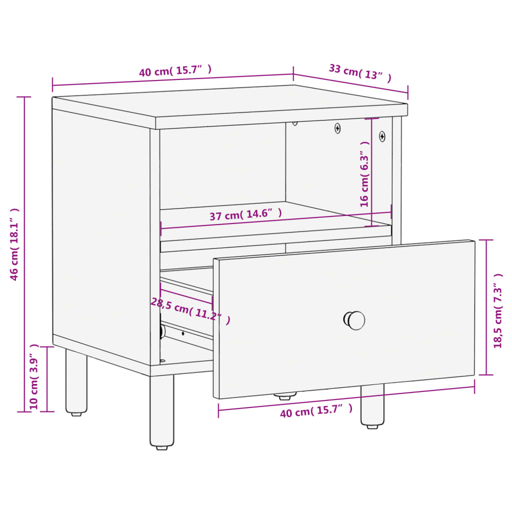 Nattbord 2 stk svart 40x33x46 cm heltre mango