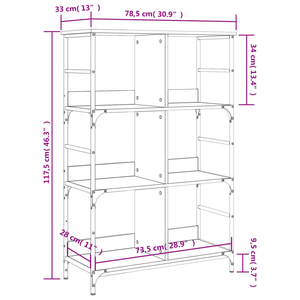 Bokhylle sonoma eik 78,5x33x117,5 cm konstruert tre