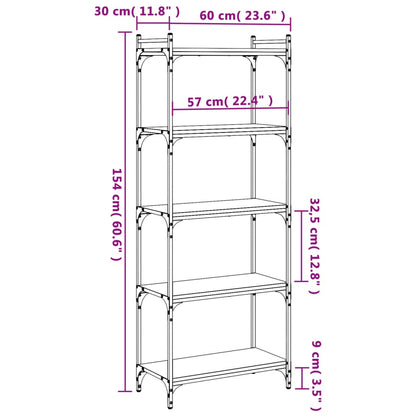Bokhylle 5 etasjer svart 60x30x154 cm konstruert tre