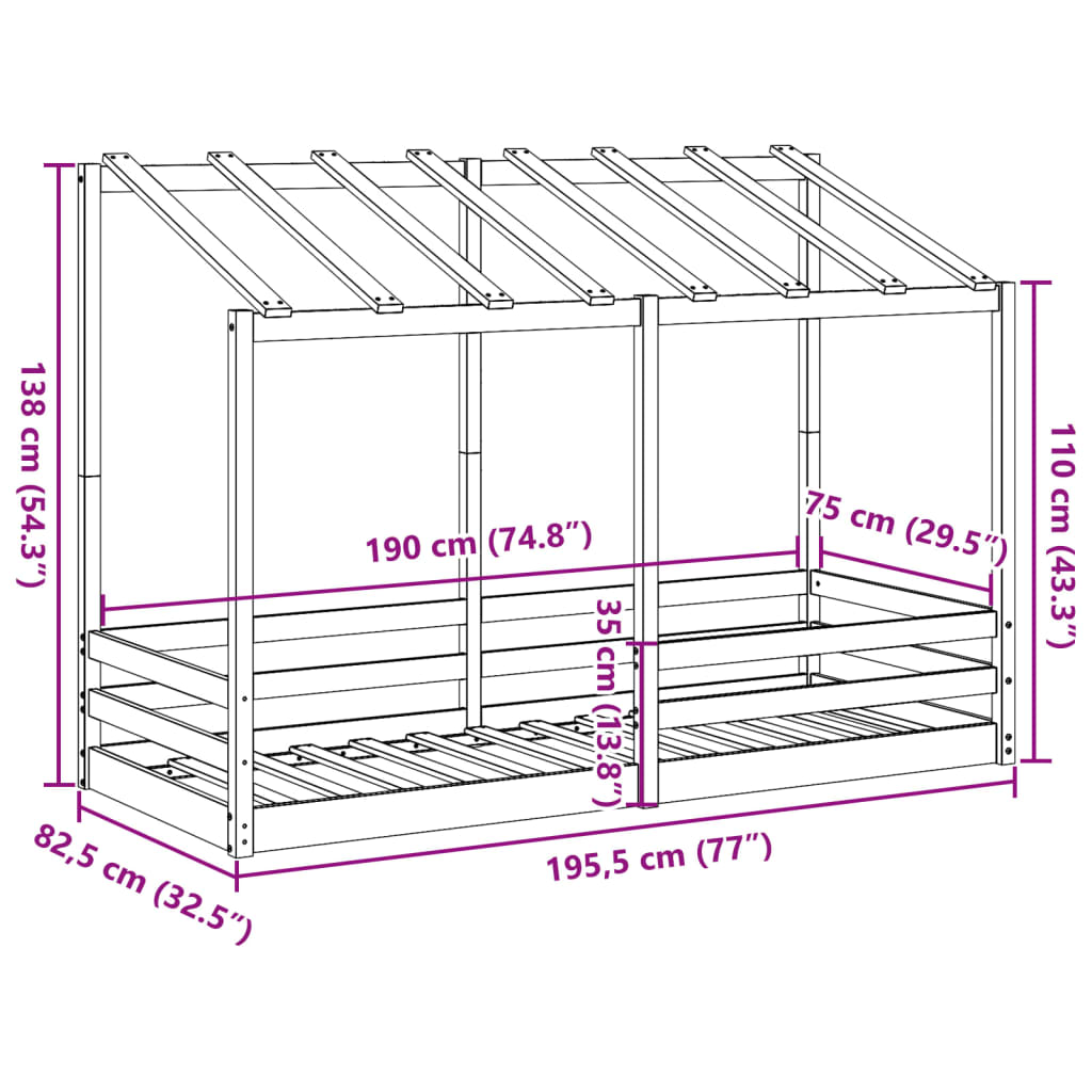 Barneseng med tak 75x190 cm heltre furu