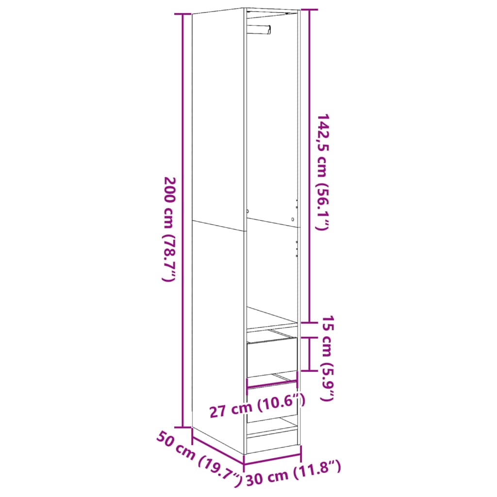 Garderobe betonggrå 30x50x200 cm konstruert tre