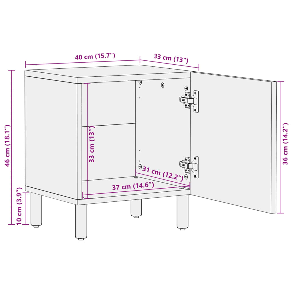 Nattbord 2 stk svart 40x33x46 cm heltre mango