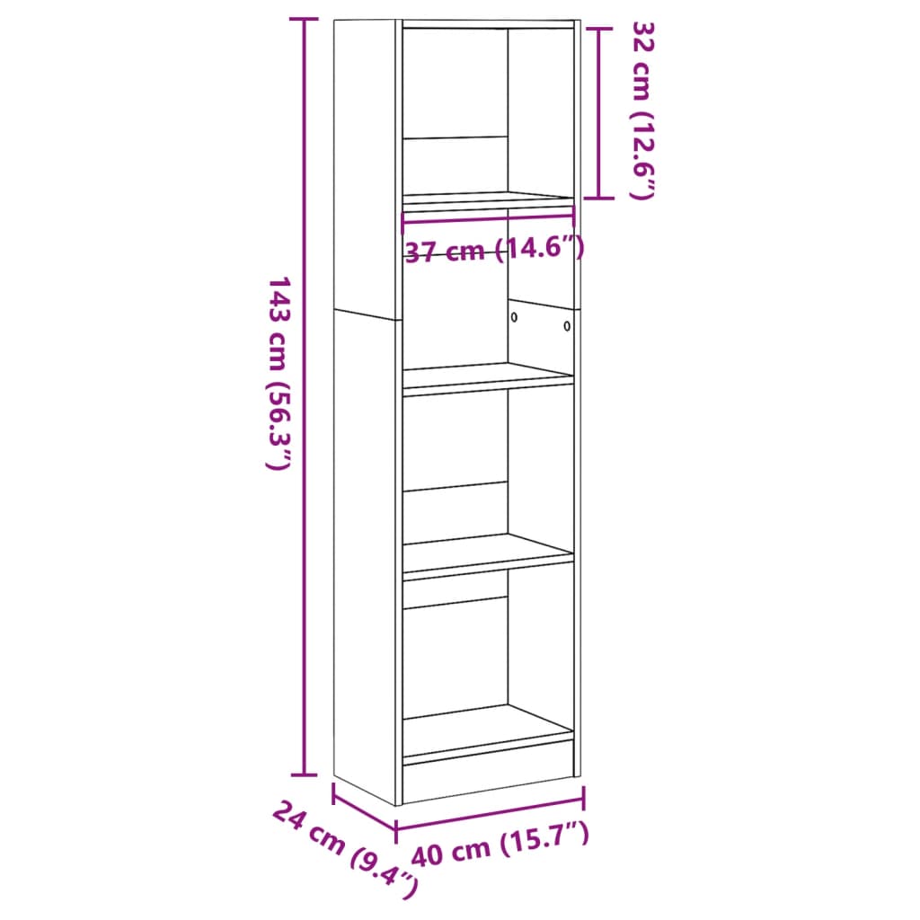 Bokhylle svart 40x24x143 cm konstruert tre