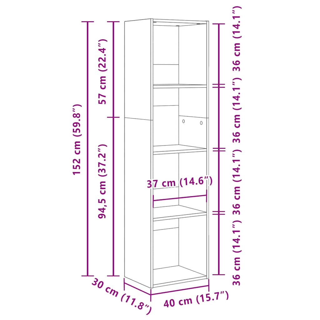 Bokhylle svart 40x30x152 cm konstruert tre