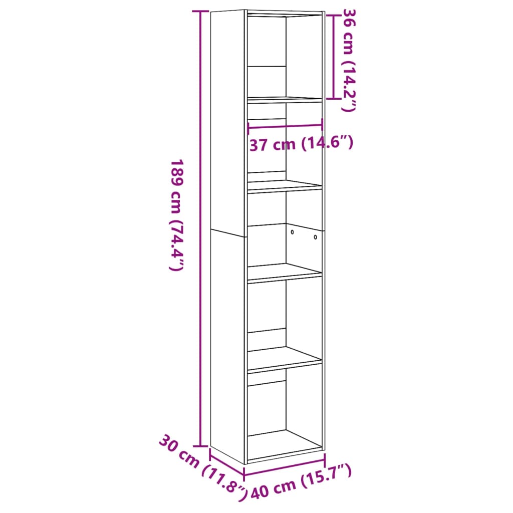 Bokhylle svart 40x30x189 cm konstruert tre