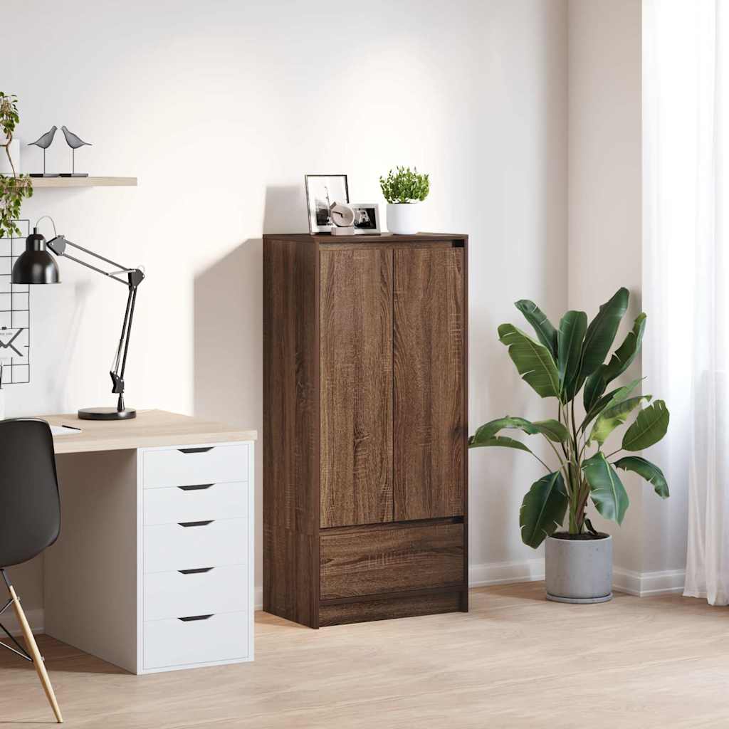 Skap med skuff brun eik 55,5x34x119,5 cm konstruert tre
