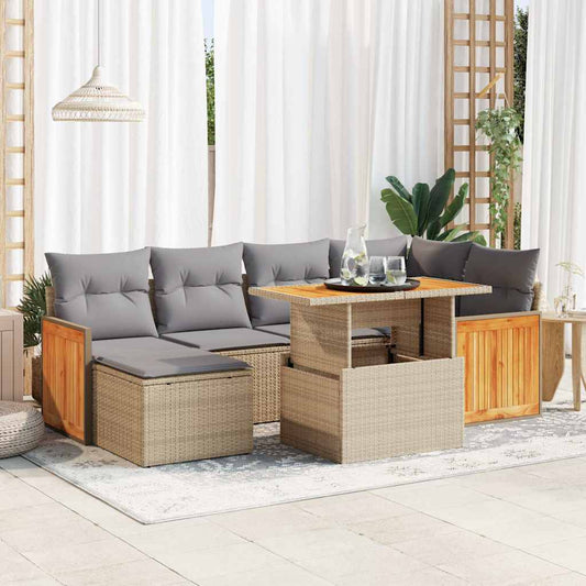 Hagesofaer med puter 7 deler beige polyrotting akasie