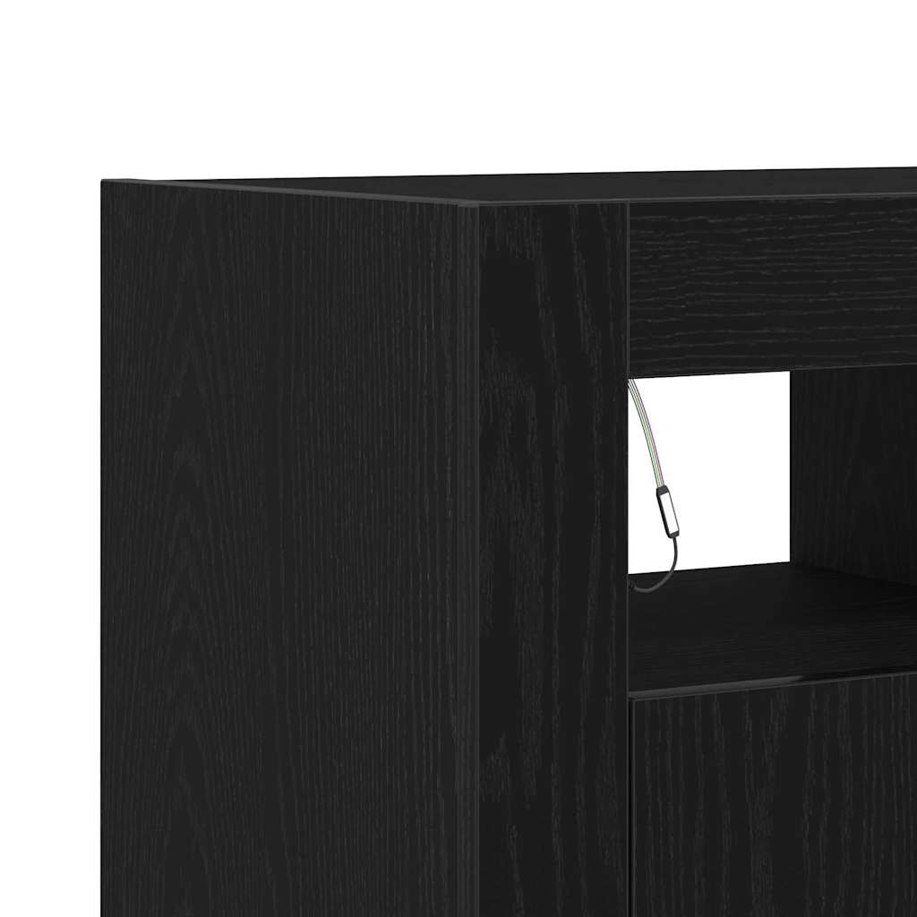 Sideboard med LED-lamper, svart eik, 80x35x75 cm, konstruert tre