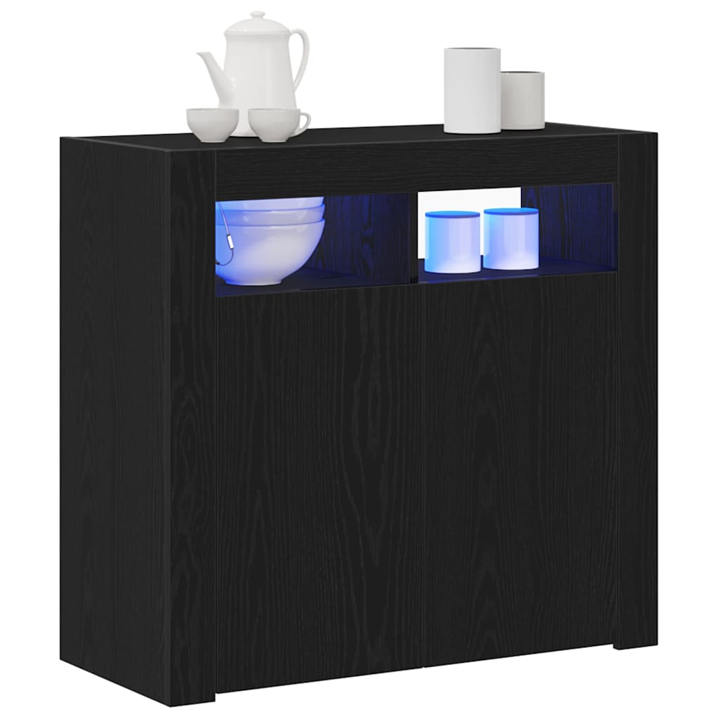 Sideboard med LED-lamper, svart eik, 80x35x75 cm, konstruert tre