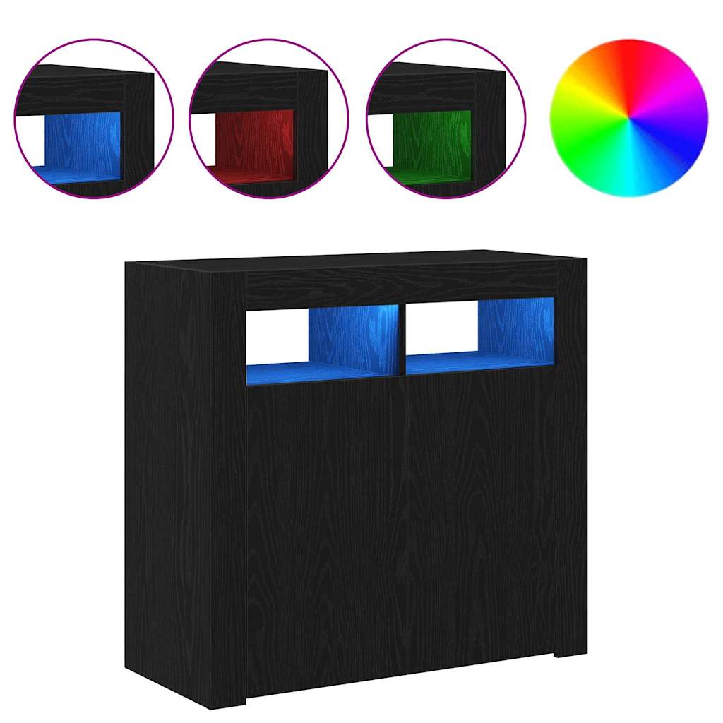 Sideboard med LED-lamper, svart eik, 80x35x75 cm, konstruert tre