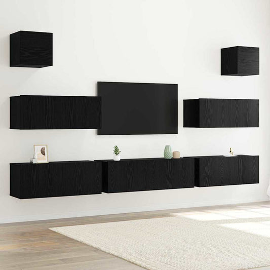 7 Piece TV Cabinet Set Veggmontert Svart Eik Konstruert Tre