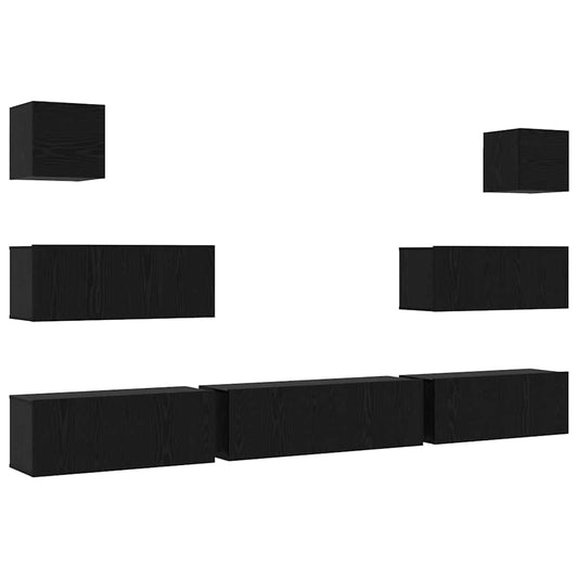 7 Piece TV Cabinet Set Veggmontert Svart Eik Konstruert Tre