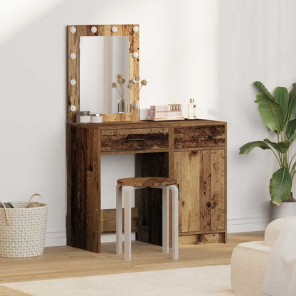 2-delt sminkebordsett med LED i gammel tre finish