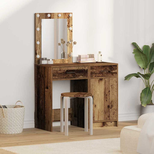 2-delt sminkebordsett med LED i gammel tre finish