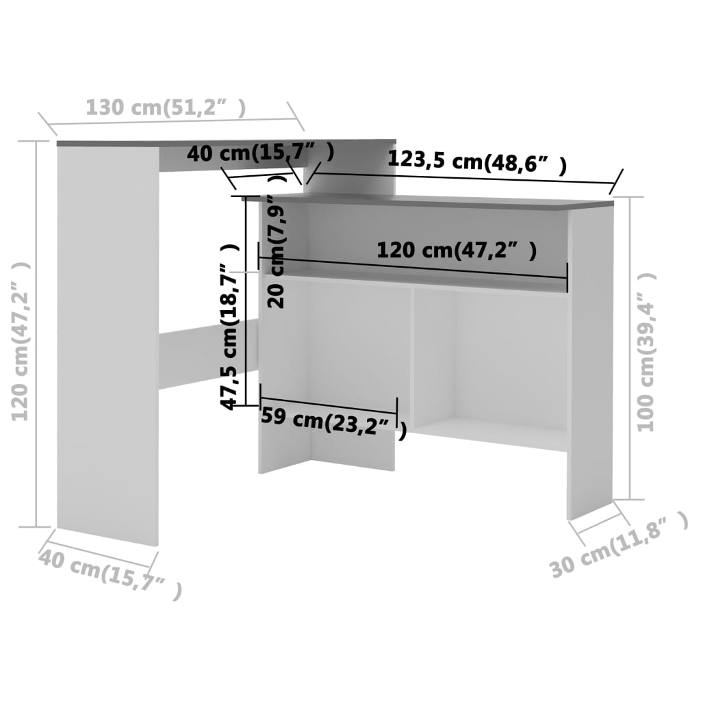 Barbord med 2 bordplater hvit og grå 130x40x120 cm - DMF Handel